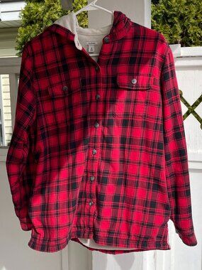 Women's LL Bean Plaid Fleece Lined Flannel Hoodie